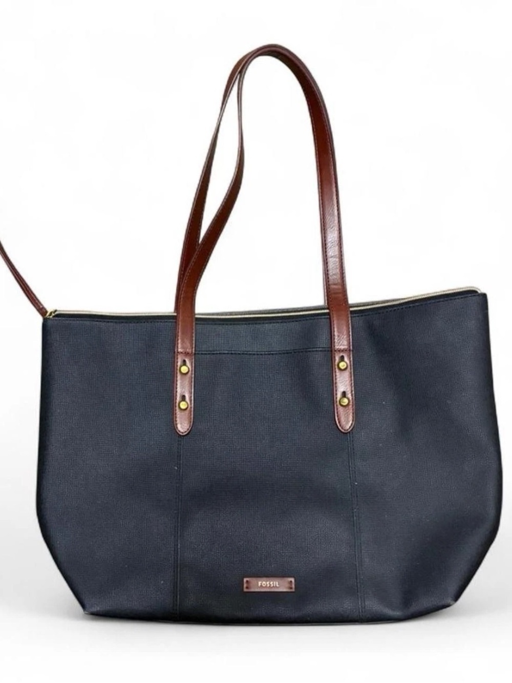 Fossil Black Tote Bag Brown Leather Straps Large Work Shoulder Bag Classic